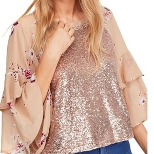 Free People Sequin Top with Floral Sleeves